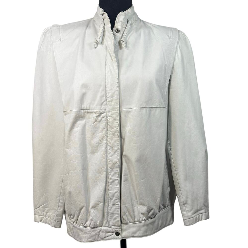 Vintage80s Women's Large White Leather Jacket Bomber Mock Collar Back Stitch
